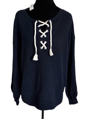 Talbots Navy Lace-Up Rope Front Pullover Sweater